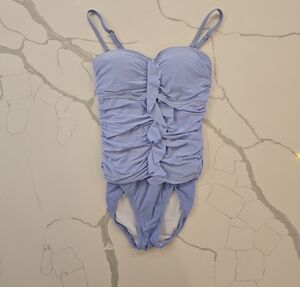 Lands End Womens Runched Ruffled Swimsuit Powder Blue Size 4
